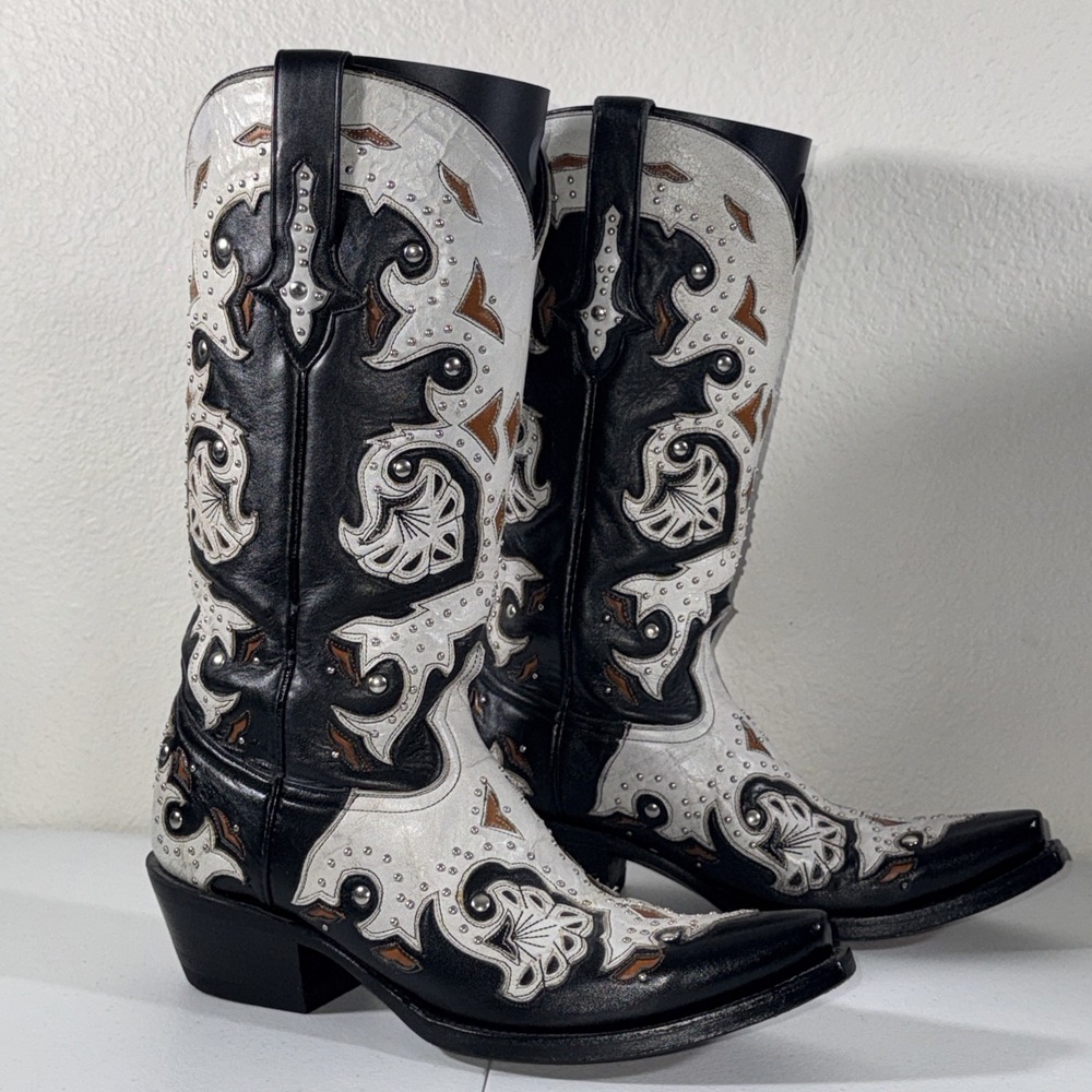 Lucchese Womens Black & White Studded Scarlette Cowboy Boots SZ 8 Western Gothic